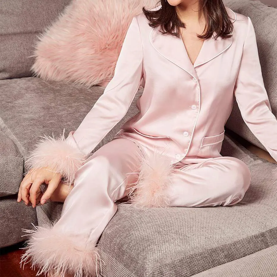 Pyjama en Satin soie avec plumes d'autruche pour femme, vêtements de nuit, décontractés, nouveauté, ensemble, manches longues, 2020