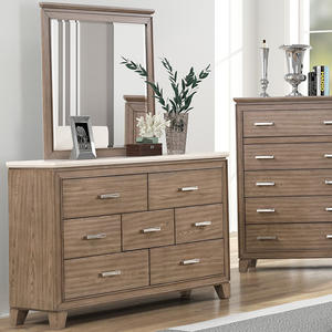 Commode contemporaine en bois clair avec miroir - Commode de chambre à coucher avec plateau en marbre, meuble de rangement moderne et neutre - Product Image 1