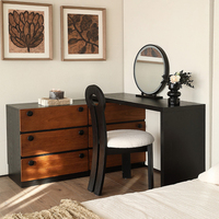 Ensemble coiffeuse moderne en contreplaqué noyer noir avec tiroirs de rangement extensibles et panneau lumineux pour chambre, salle de bain et décoration intérieure