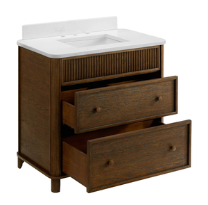 Mueble de Baño de Madera Maciza de Roble Enchapado Personalizado para Hotel, Diseño Acanalado a Rayas, Encimera de Cuarzo, Ecológico, Lavabo Individual Moderno - Product Image 4