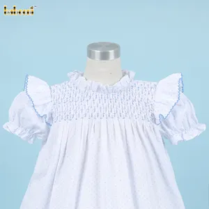 Honeycomb Smocking Dress In White Blue Dots For Girl kids smocked baby dress smocked girl dress kids clothing wholesale - DR3564