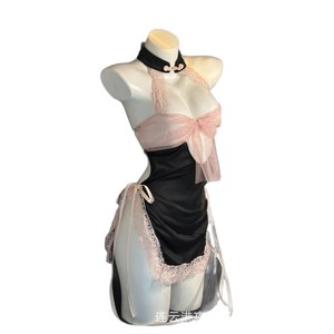 <span class=keywords><strong>Vestito</strong></span> Lingerie Sexy Stile Cheongsam con Pizzo e Fiocco, Lingerie Erotica Nera e Rosa con Scollo all'Americana e Calze Abbinate - Product Image 5
