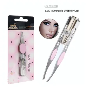 Slanted Tip Stainless Steel LED Lighted Eyebrow Tweezers with Light for Eyebrow and Eyelash