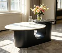 Set Meja Kopi Marmer Modern dengan Bagian Atas Kaca Tempered dan Rangka Logam Hitam Dekorasi Furnitur Ruang Tamu Kontemporer