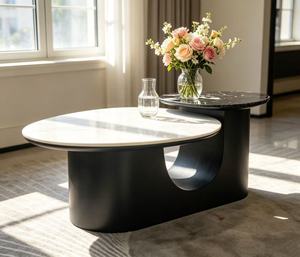 Modern Marble <b>Coffee</b> <b>Table</b> Set <b>Round</b> Black Metal Frame Contemporary Living Room Furniture Decorative Design - Product Image 4