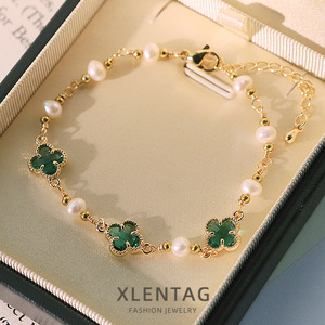 Original Green Four-leaf Clover Pearl Copper <b>Bead</b> <b>Bracelet</b> Women's 18k Real <b>Gold</b> Electroplated All-match High-end GB1267 Classic - Product Image 4