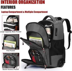 Free Sample Men's Business <b>Travel</b> <b>Wheeled</b> Backpack Aluminum Alloy Pull Rod with Airbag Fashionable Zipper Closure - Product Image 3