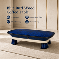 Table basse de luxe en bois de burl bleu avec tiroir, table centrale rectangulaire pour salon