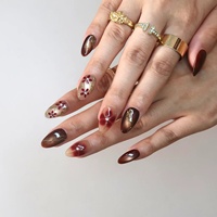 Herfst-winter Meh-Lad acryl amandelvormige opzetnagels bruine kattenoog gouden folie strass steentjes Franse tip handgeschilderde wijnrode nagels