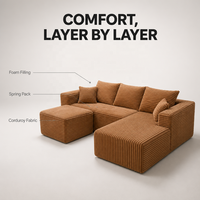 Canapé modulaire sectionnel en velours côtelé, emballé en rouleau, avec ottoman et ressorts ensachés, mousse haute densité pour salon