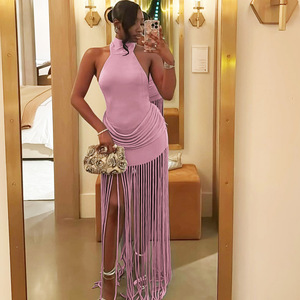 Nouvelles arrivées d'été : Robe plissée mini sexy sans manches à col rond et dos nu avec franges pour <span class=keywords><strong>femme</strong></span>, robe décontractée pour <span class=keywords><strong>femme</strong></span> - Product Image 3