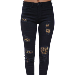 Pantalones Vaqueros de mujer con dirección de fábrica con patchwork de leopardo, pantalones vaqueros desgastados, pantalones vaqueros de mujer para la primavera - Product Image 5