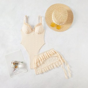Women 2 Piece <b>Swimsuit</b> Set Textured Ruffle Trim Underwire One Piece Bathing Suit With Ruffle Cover Up <b>Skirt</b> Wholesale Beachwear - Product Image 5