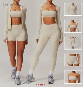 OEM femmes Yoga Leggings Set Sports Tube Top Crop Smock à manches longues à capuche Zipper Jacket Outdoor Running Pants Gym Fitness Sets - Product Image 3