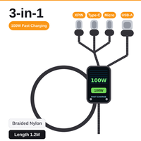 Kabel USB 3-in-1 100W Pengisian Cepat Anyaman Nilon Tipe-C Micro USB-A untuk Ponsel IOS