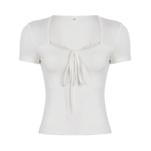 T-shirt élégant pour femme, col carré uni, à nouer devant, manches courtes, panneau en dentelle, coupe ajustée, extensible, haut décontracté tendance, nouveau style 2026 - Product Image 6