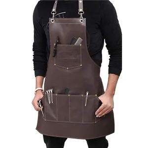 Brown Barber Leather Apron High Quality Salon Apron With Tool Pockets