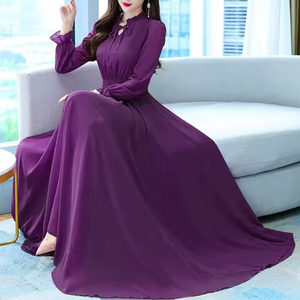 Vestido Largo Casual de Gasa para Mujer, con Mangas Largas, Cintura Alta, Estilo Swing, Control de Abdomen, Moderno para Primavera y Otoño - Product Image 4