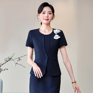 Women's Short Sleeve Suit Dress O-Neck Pencil Skirt Professional Office Lady Workwear Gray Woven Fabric Comfortable Fit - Product Image 4