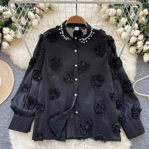 Autumn Loose Wide Sleeve Others Collar Casual Mesh Blouses Women Floral <b>Beading</b> Eco-Friendly Front Elegant <b>Tops</b> Clothes - Product Image 2