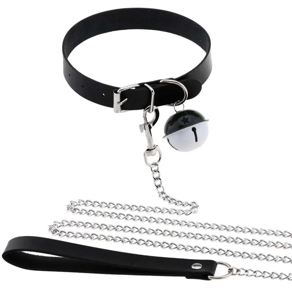 Unisex Gothic Bdsm Bondage Beperkingen Pu Lederen Tractie Touw Kraag Hals Ketting Bel Hanger Tractie Ketting Kraag