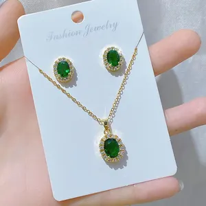 Fashion White Pink Green Zircon Wedding Jewelry Set Shiny Diamond Earring Necklace Set for Anniversary Gift