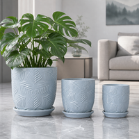 Lot de pots de fleurs en céramique motif feuille bleue avec plateau, haut de gamme, pour la maison et le bureau, ensemble de jardinières décoratives de luxe