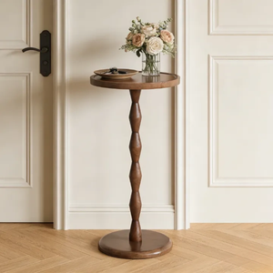 Traditional Artisan Antique Dark Wood <b>Small</b> <b>Round</b> Top Spiral Carved Pedestal Base Mansion Decor Carved Turner <b>Coffee</b> <b>Table</b> - Product Image 2