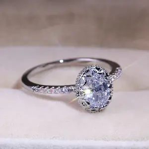 Anillo de boda ovalado para mujer, sortija de compromiso con piedra de circonita de cristal de plata 925