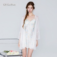 Guiruo Adorable Vestido de Dormir Floral de Seda Helada Transpirable sin Mangas con Escote en V Profundo, Almohadillas Push-up y Cintura Ajustada, Tipo Bata Exterior