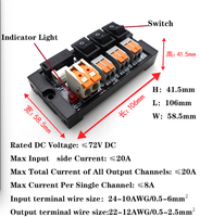 Module de distribution d'alimentation CC à 3 canaux HM06-03D pour rail DIN, 72V CC, bornes à ressort enfichables avec interrupteur à bascule individuel