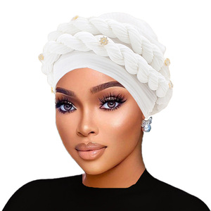 Turban <span class=keywords><strong>africain</strong></span> tressé à la main avec perles, <span class=keywords><strong>chapeau</strong></span> en polyester extensible élégant pour femme, pré-coiffé pour mariage et fête - Product Image 3