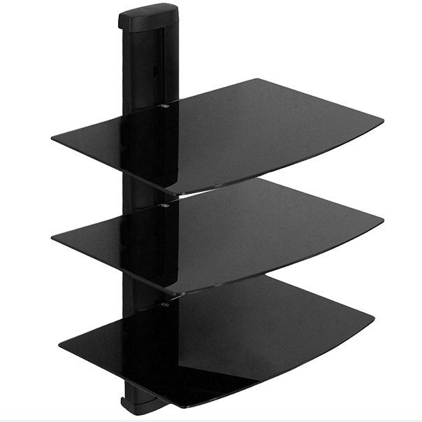 Q01-3 Floating Black Glass Rack Shelf Stand Wall Mount Bracket TV Box DVR DVD Cable