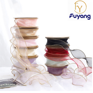 Fuyang Gift <b>Ribbon</b> 40mm Wavy Coiled Organza <b>Gold</b> Edge For Cake Handcrafted Box Bow Eco Friendly - Product Image 1