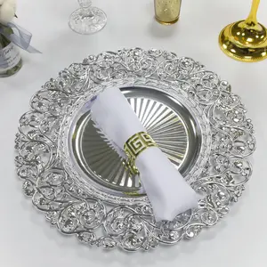 New European Style 13 Inch Round Wedding Party Table Decoration Gold Silver Flower Pattern Plastic Charger Plates