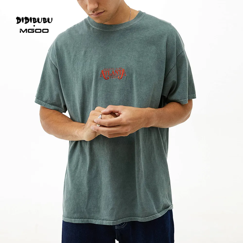 DIDIBUBU MGOO Streetwear boy pamuk siyah renk asit yıkanmış Tee özel baskılı Teal işlemeli Atlanta T-Shirt