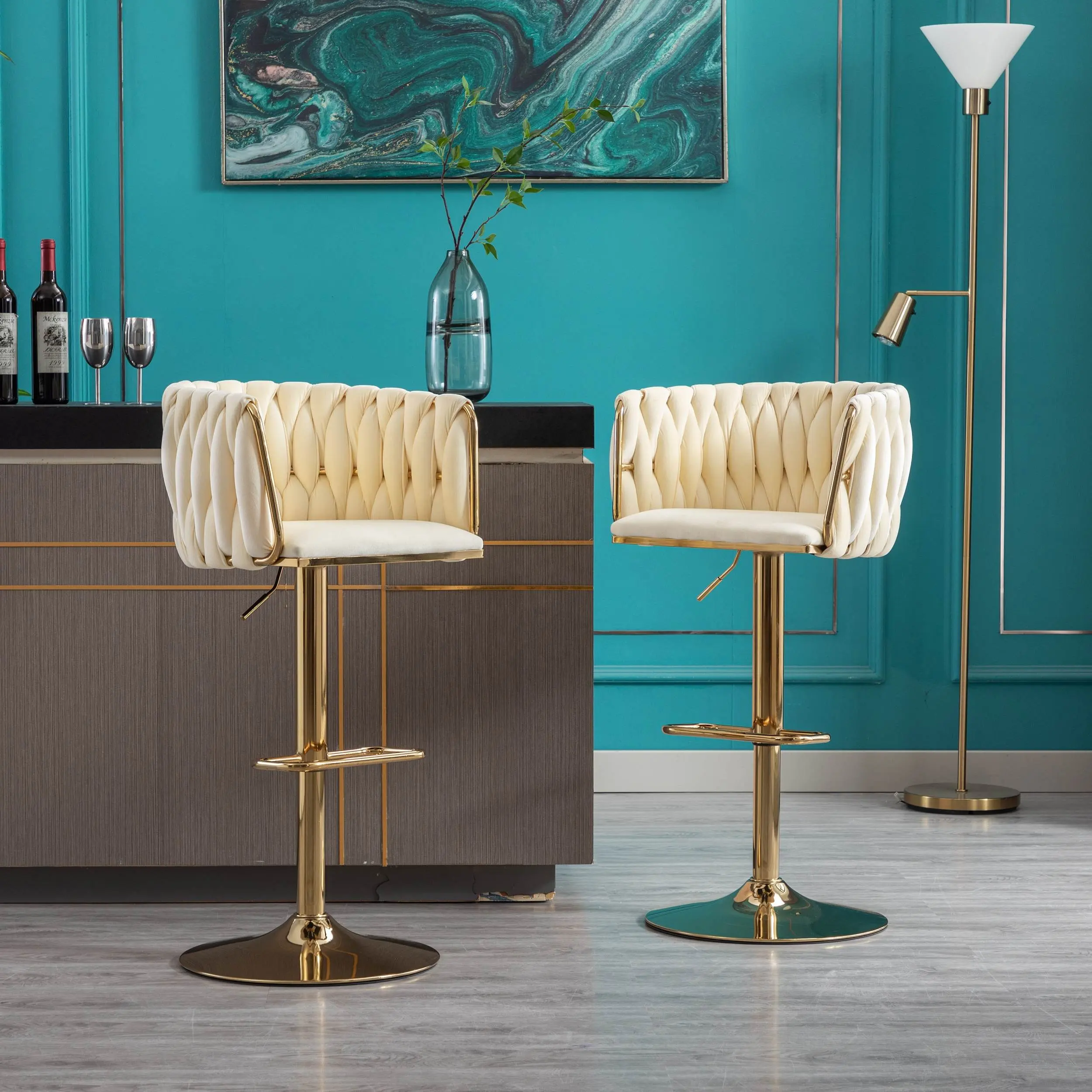 Bangku Bar, beludru mewah Modern, tinggi dapat disesuaikan, kursi Bar berlapis emas, sasis besar, bangku adaptor meja Platform tinggi