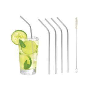 Bent Drinking <b>Straws</b> Set Of 5 Stainless Steel <b>Reusable</b> With Cleaning Brush For Cocktails And Beverages - Product Image 1