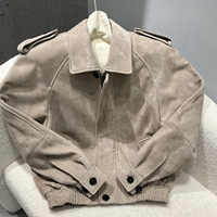 Blouson aviateur oversize en peau de mouton pour femme, avec poches à rabat, ourlet côtelé, en cuir véritable, coupe courte, pour l'automne