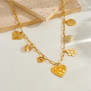 European American Style Gold Plated Heart Pendant <b>Necklace</b> With <b>Elephant</b> Horseshoe Star Flower Charms Daily Wear Gift Jewelry - Product Image 2