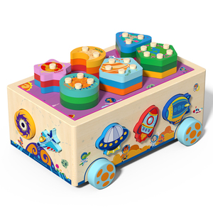Jouet chariot spatial <span class=keywords><strong>en</strong></span> <span class=keywords><strong>bois</strong></span> Montessori 4-<span class=keywords><strong>en</strong></span>-1, jeu de blocs de tri de formes et d'empilage de couleurs, jouet éducatif pour développer la motricité fine des enfants - Product Image 1