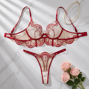 Conjunto de lencería roja bordada al por mayor, sexy, de malla transparente, con aros y tanga, lencería íntima de encaje transparente para mujer, OEM ODM - Product Image 1