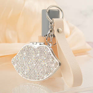 Lip Shaped Rhinestone <b>Compact</b> <b>Mirror</b> Keychain PU Leather Wristlet Strap Dual Sided Glass Pocket Makeup <b>Mirror</b> Bulk Custom Logo - Product Image 1