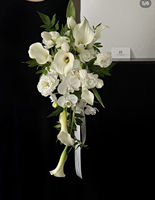 Buket Pengantin Bunga Calla Lily Putih Daun Palem Hijau Kustom, Bunga Pernikahan Buatan, Buket Pengantin Ikat Tangan untuk Dekorasi Pernikahan