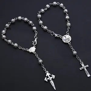 Braccialetto rosario con perline vuote da 6mm bracciale con perline da appendere in lega con corda a mano incrociata con scatola di plastica