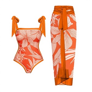 Maillot de bain une pièce à imprimé floral orange avec col carré et bretelles à nouer pour femme - Product Image 2