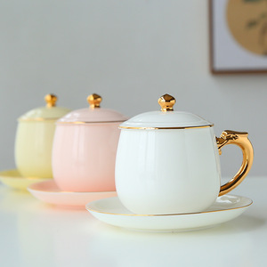 Taza de Té de Porcelana Blanca para Oficina, Pintada en Dorado, de Cerámica, Personalizable, de Gran Capacidad, con Platillo para Café - Product Image 1