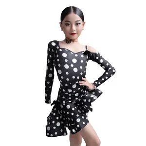 Vennystyle yeni profesyonel eğitim Polka Dot dans elbise kızlar uzun kollu bölünmüş eğitim performans giyim moda Latin