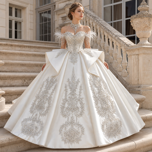 XS327 Hermoso Vestido de Novia de Satén con Hombros Descubiertos, Adornado con Plumas y Borlas, Vestidos de Novia para Mujer - Product Image 1