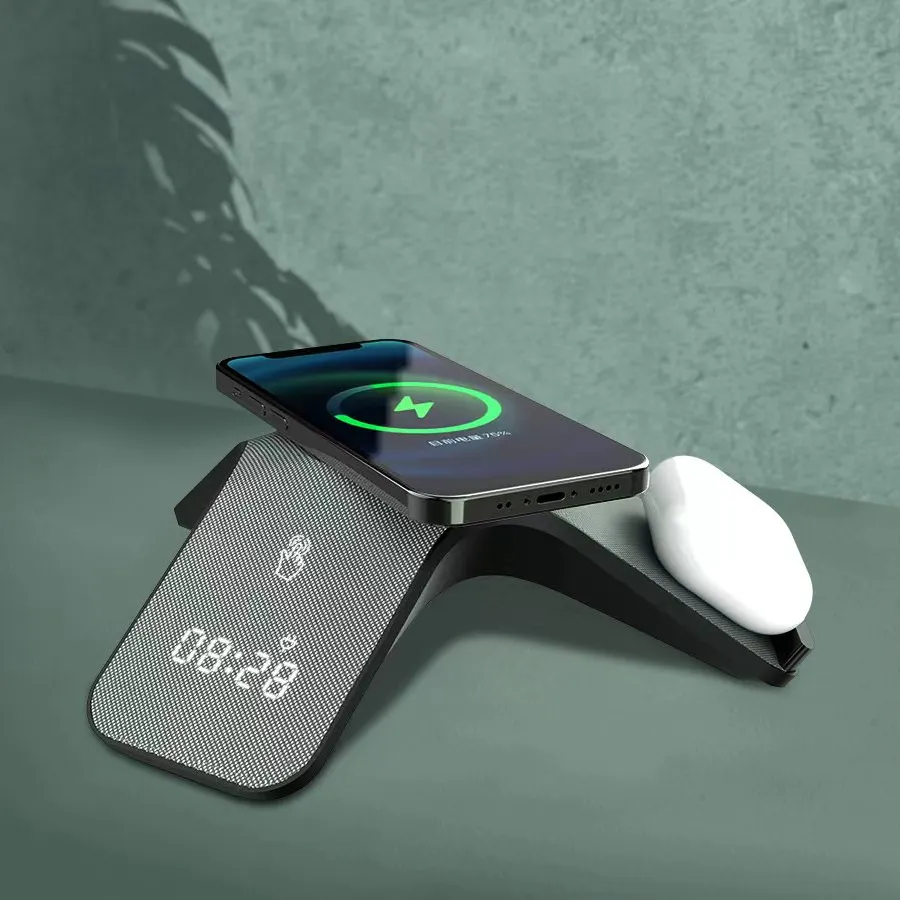 Support Qi Charge Rapide Mobile 3 En Un Réveil Chargeur Sans Fil Support de Téléphone Chargeur Sans Fil